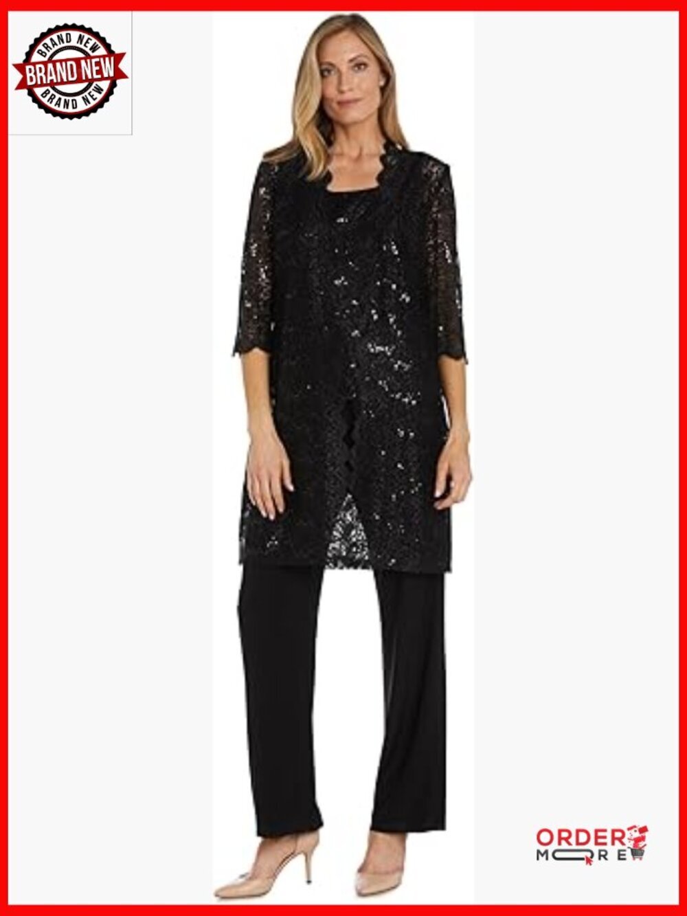 3-Piece Glitter Lace Duster Pant Set with Tank Top Jacket